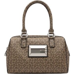 Guess Monogram Satchel Bag Brown Tan G-Logo Leopard Print Lining Silver Hardware